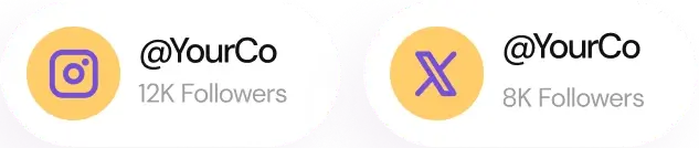 two badges of social media showing what service, the name of the user, and how many followers 