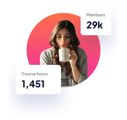 a image of a woman drinking coffee with two labels of number if members and course hours
